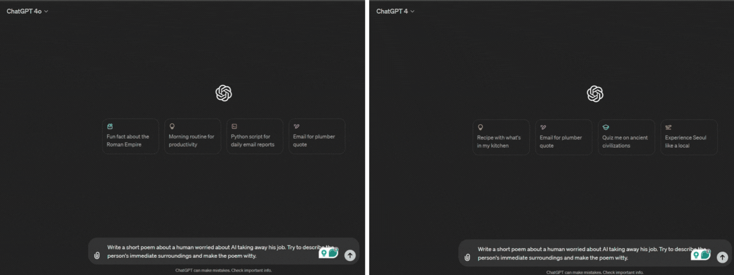 Side-by-side comparison of the text output produced by GPT-4o and GPT-4 based on a text input.