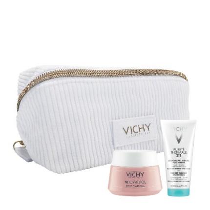 A white cosmetic bag with a few creams Description automatically generated
