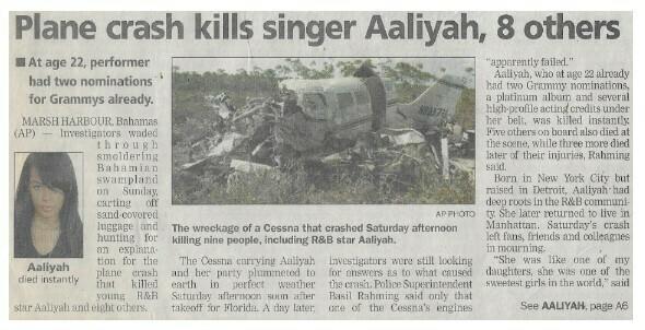 Aaliyah / Plane Crash Kills Singer Aaliyah, 8 Others | Newspaper Article |  August 2001