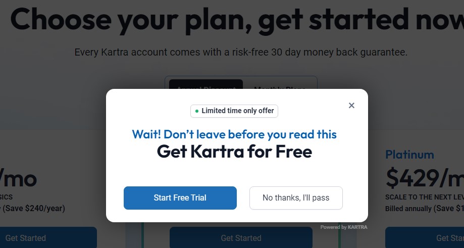 A screenshot of a pop up box from Kartra offering a free trial