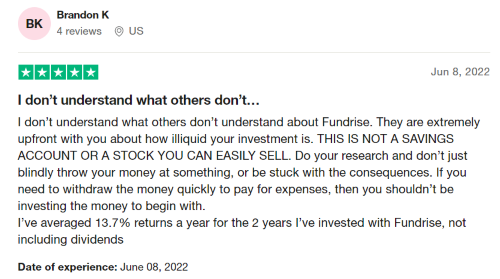 A five-star Fundrise review from a person who averaged 13.7% returns for two years. 