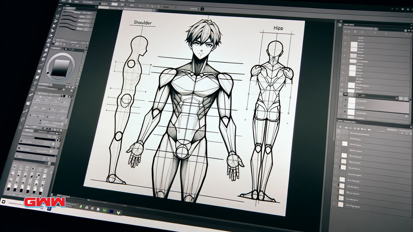 A digital sketch of anime body poses that focus on proportioned parts
