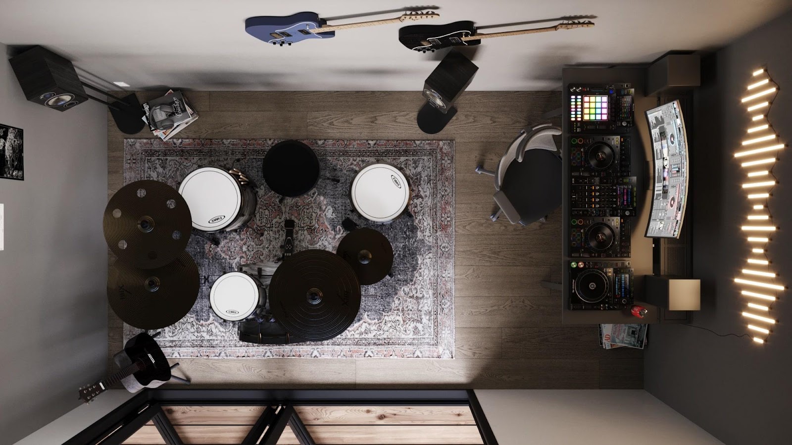 A drum set in a room

Description automatically generated