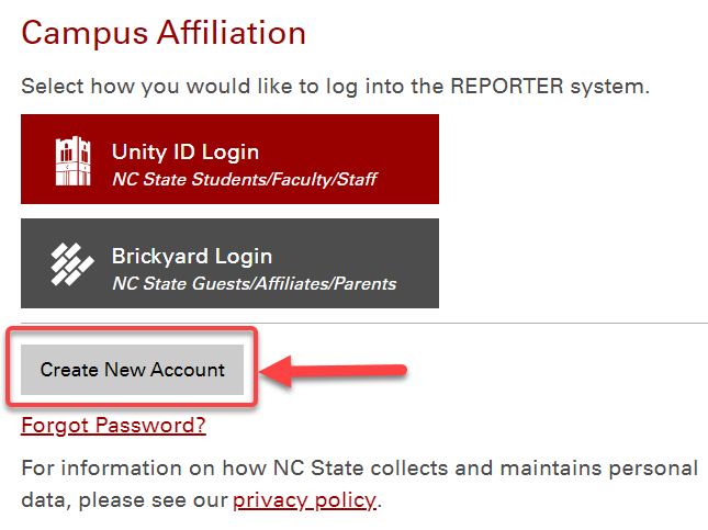Screenshot of the log in page, including the unity log in and Brickyard log in. Create new account is highlighted and shows users where to click to create their new brickyard account. 