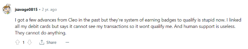 A person on Reddit who doesn’t like the updates Cleo made to its minimum requirements to qualify for cash advances. 