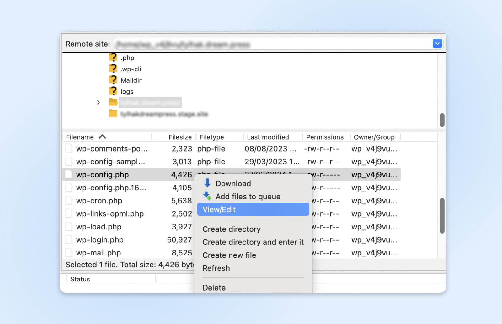 administrador de archivos que muestra wp-config.php con opciones de clic derecho y ver/editar resaltado