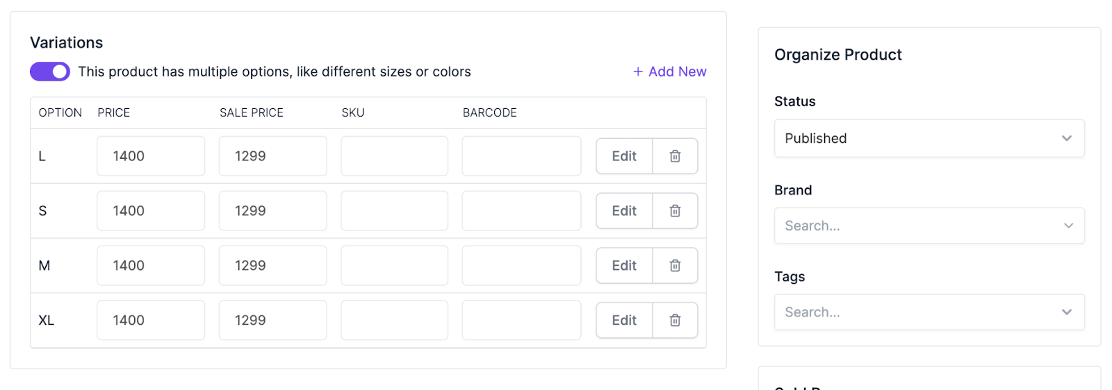 A screenshot to added product variations