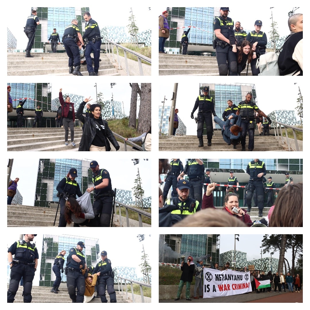 A series of images showing rebels being carried away from the ICC by police. Their banner: Netanyahu is a war criminal