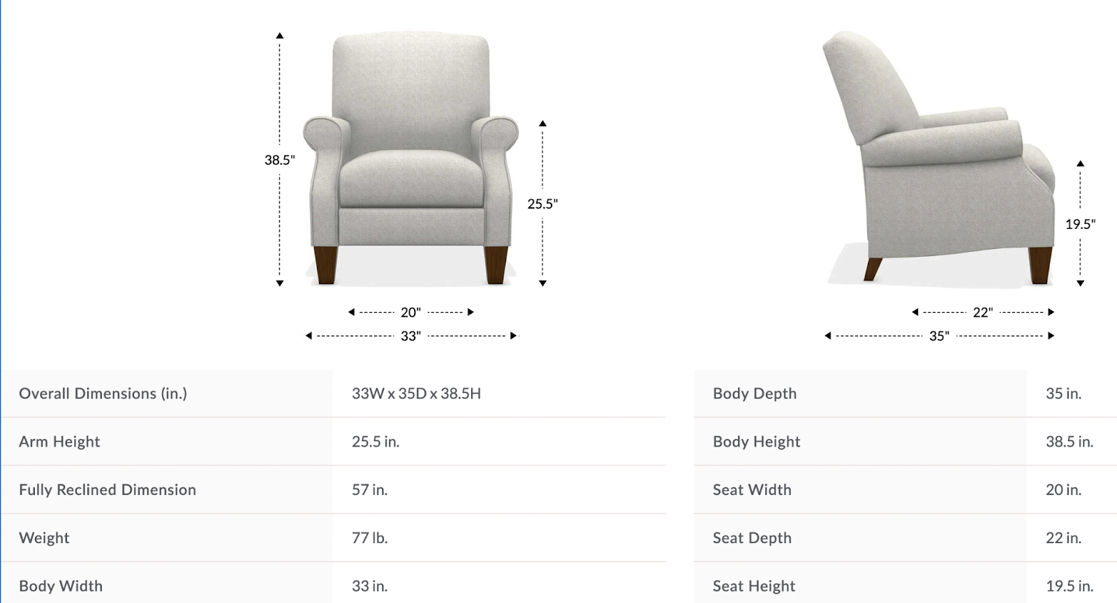 charlotte high leg reclining chair dimensions