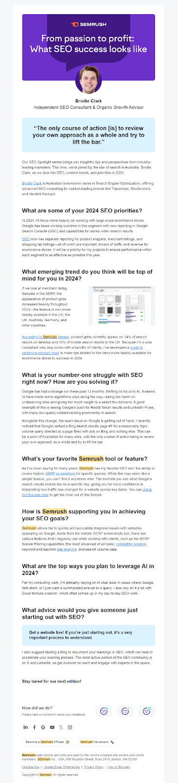 SEMrush email newsletter example