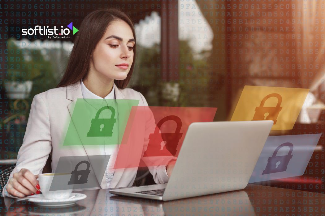 Woman with laptop and overlayed digital locks