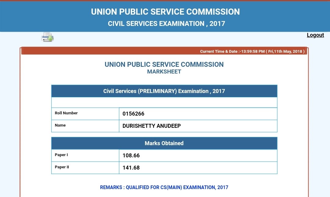 Anudeep Durishetty Pre lims Marksheet