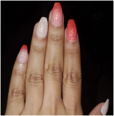 White and Reddish Glitter nail design