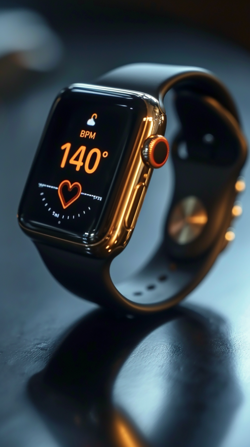 Close-up of a fitness tracker displaying the wearer's heart rate in real-time, 