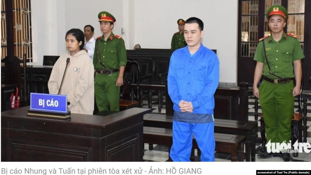 Cô Thạch Thị Kim Nhung và anh Nguyễn Vũ Hoàng Tuấn bị xét xử ở Trà Vinh hôm 15/1/2024.
