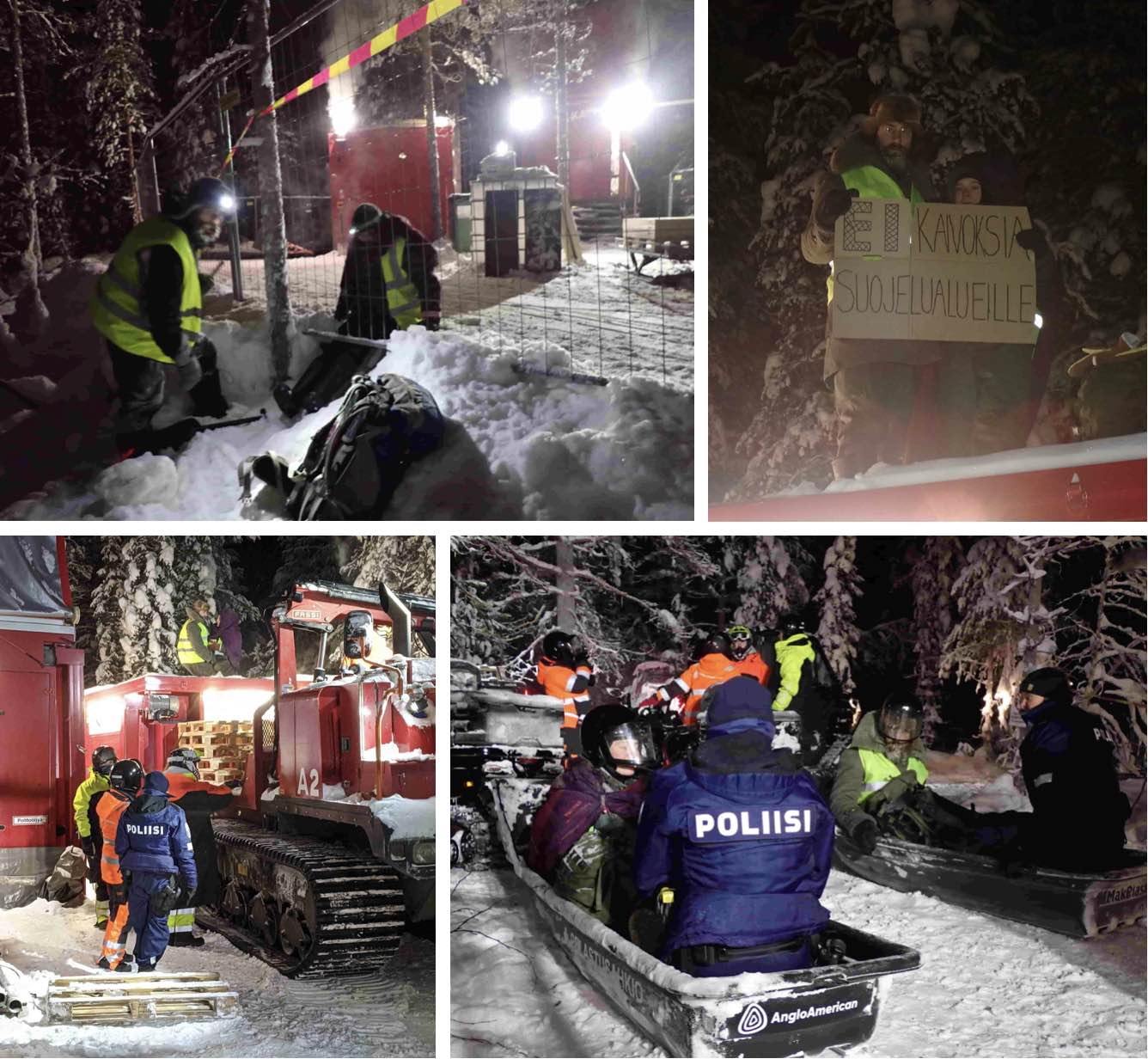 A series of images showing rebels infiltrating a site, standing atop drill site buildings and being taken away by police