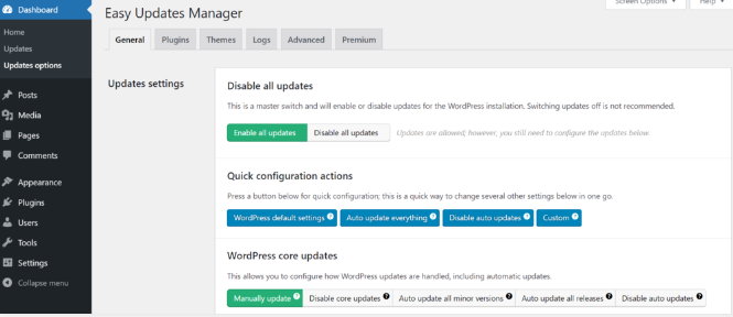 Dashboard of Plugin Easy Updates Manager