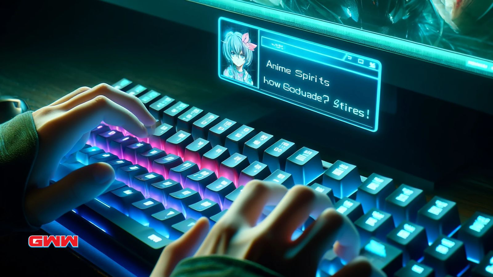 Manos tecleando en un teclado futurista, ingresando códigos de Anime Spirits