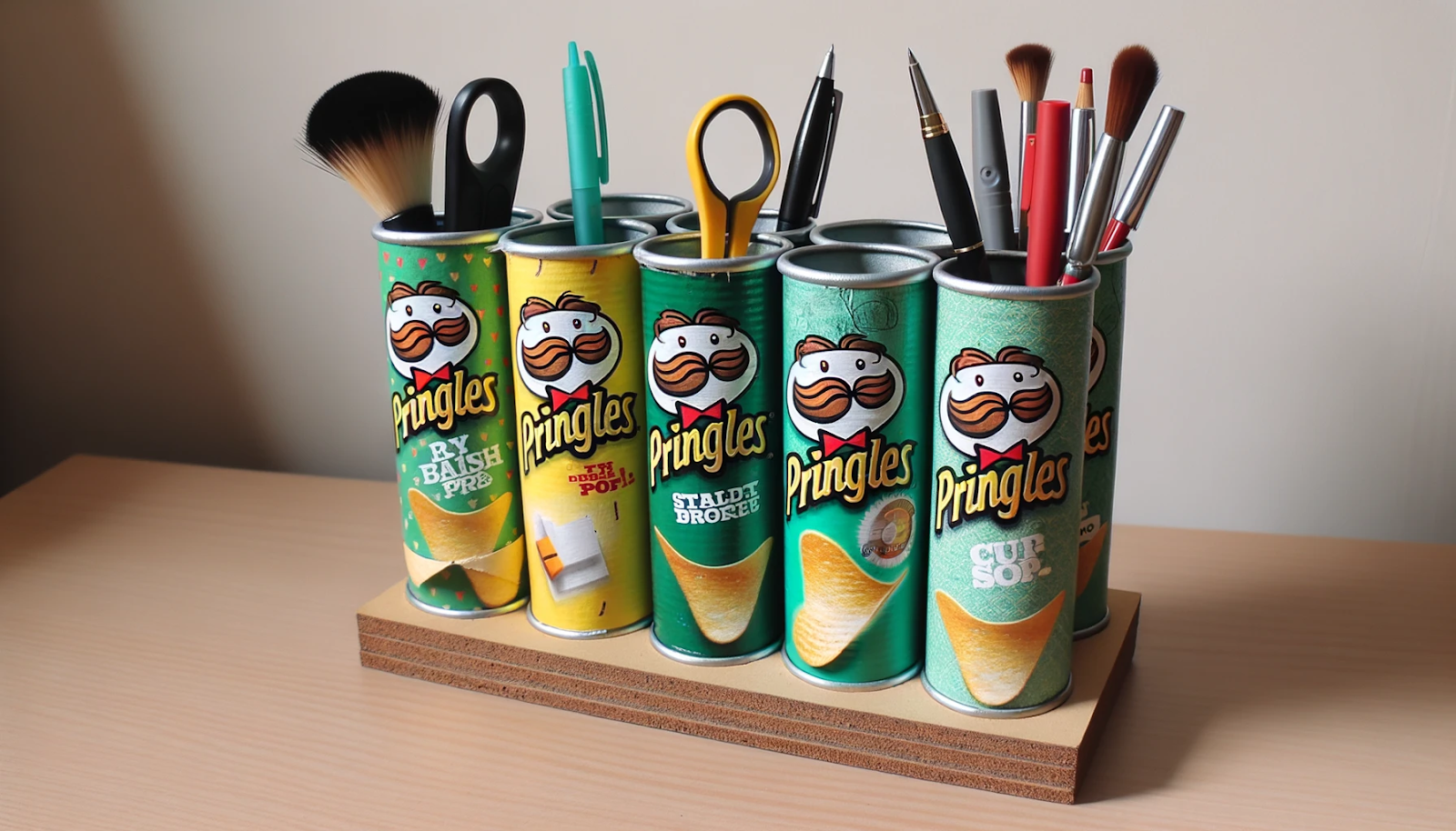 Foto de um organizador de mesa funcional feito com artesanato com pote de batata pringles reaproveitadas. As latas são embrulhadas em papel decorativo e alinhadas verticalmente sobre uma base de madeira, perfeitas para guardar canetas, pincéis e outros materiais de escritório.