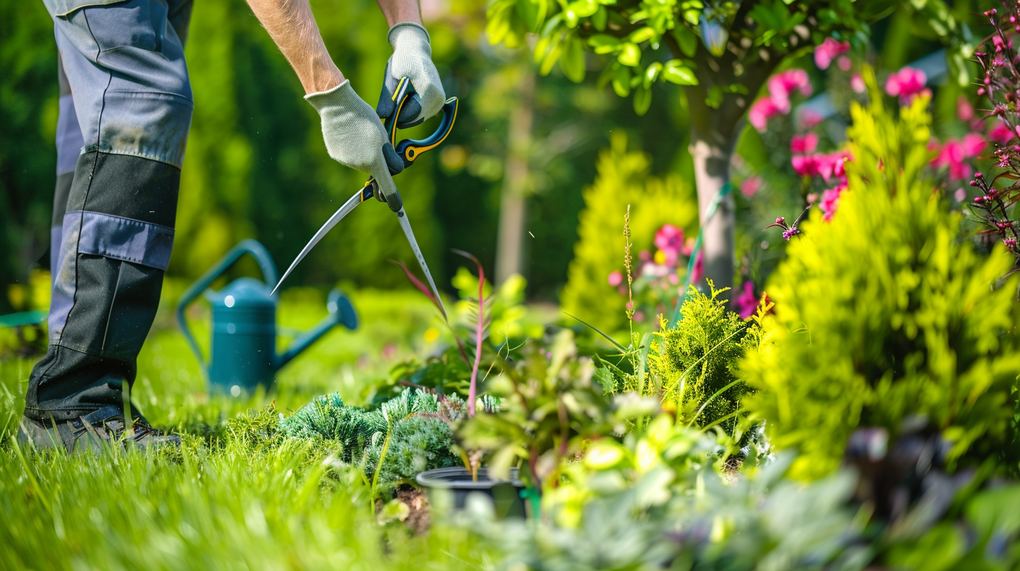 landscaper using pruning shears, include watering cans, and fertilizer in a lush, green garden with a variety of well-maintained trees and plants