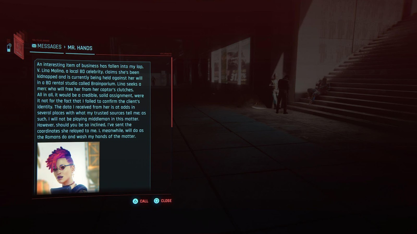 An in game screenshot of a text from Mr. Hands from the game Cyberpunk 2077. 