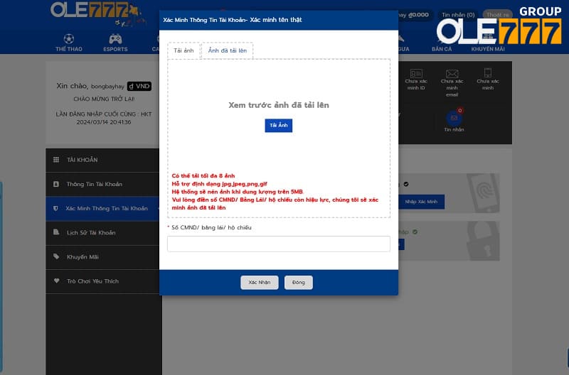 Người chơi cần xác minh thông tin tài để đảm bảo trên 18 tuổi
