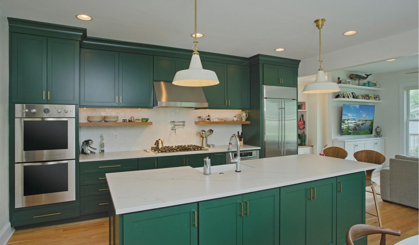 A kitchen with green cabinets

Description automatically generated with medium confidence