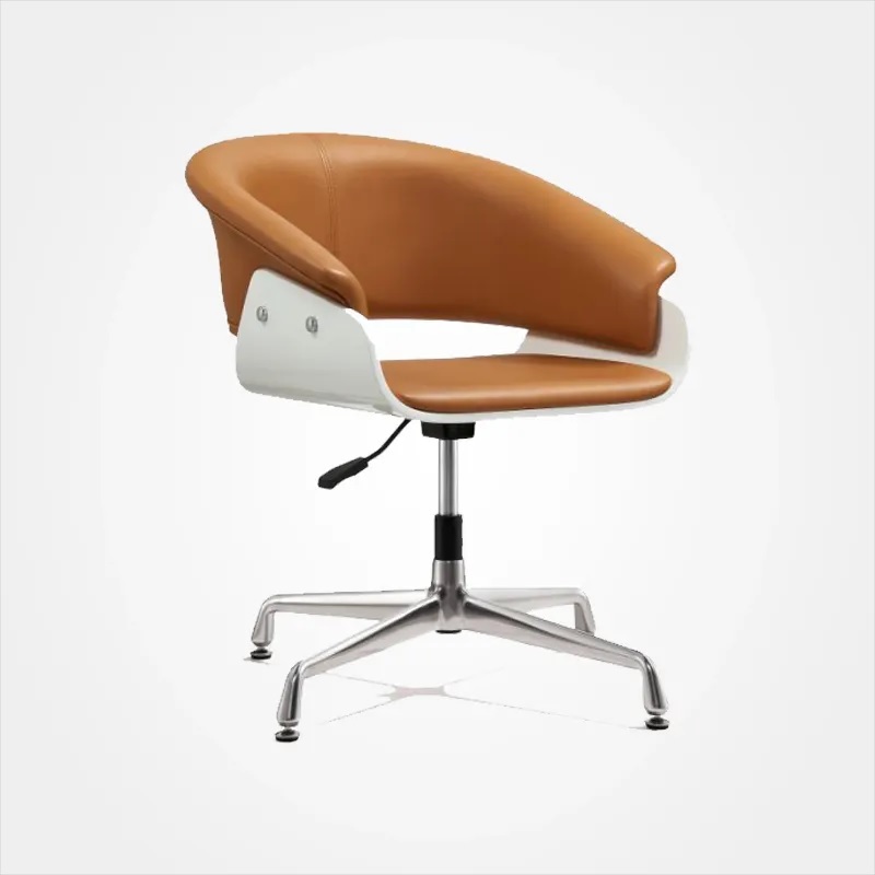 Microfibre leather office chair in brown with curved low back, armrest and no wheels