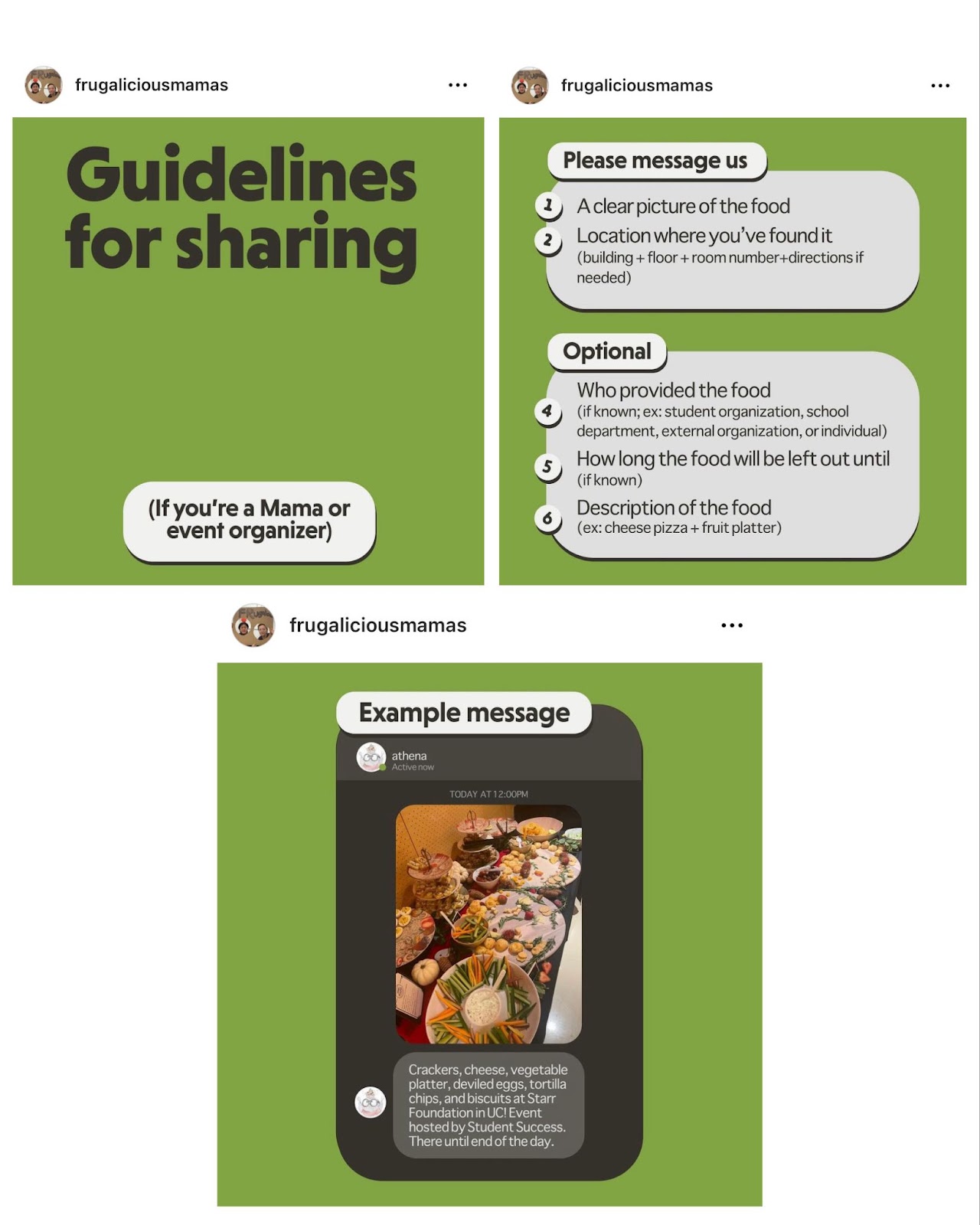 Guidelines from the Frugalicious Mamas Instagram on a green background, that describe how to share where students find free food, and an example of a message to send