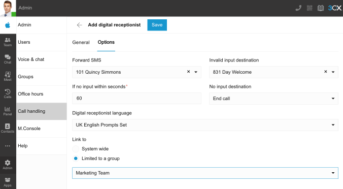 Add a new digital receptionist option via Admin settings