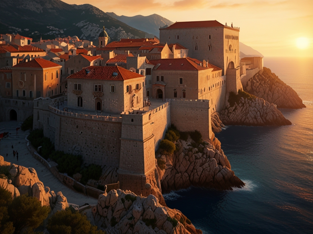 Medieval cities. Medieval castle by the sea with the sunset in the background