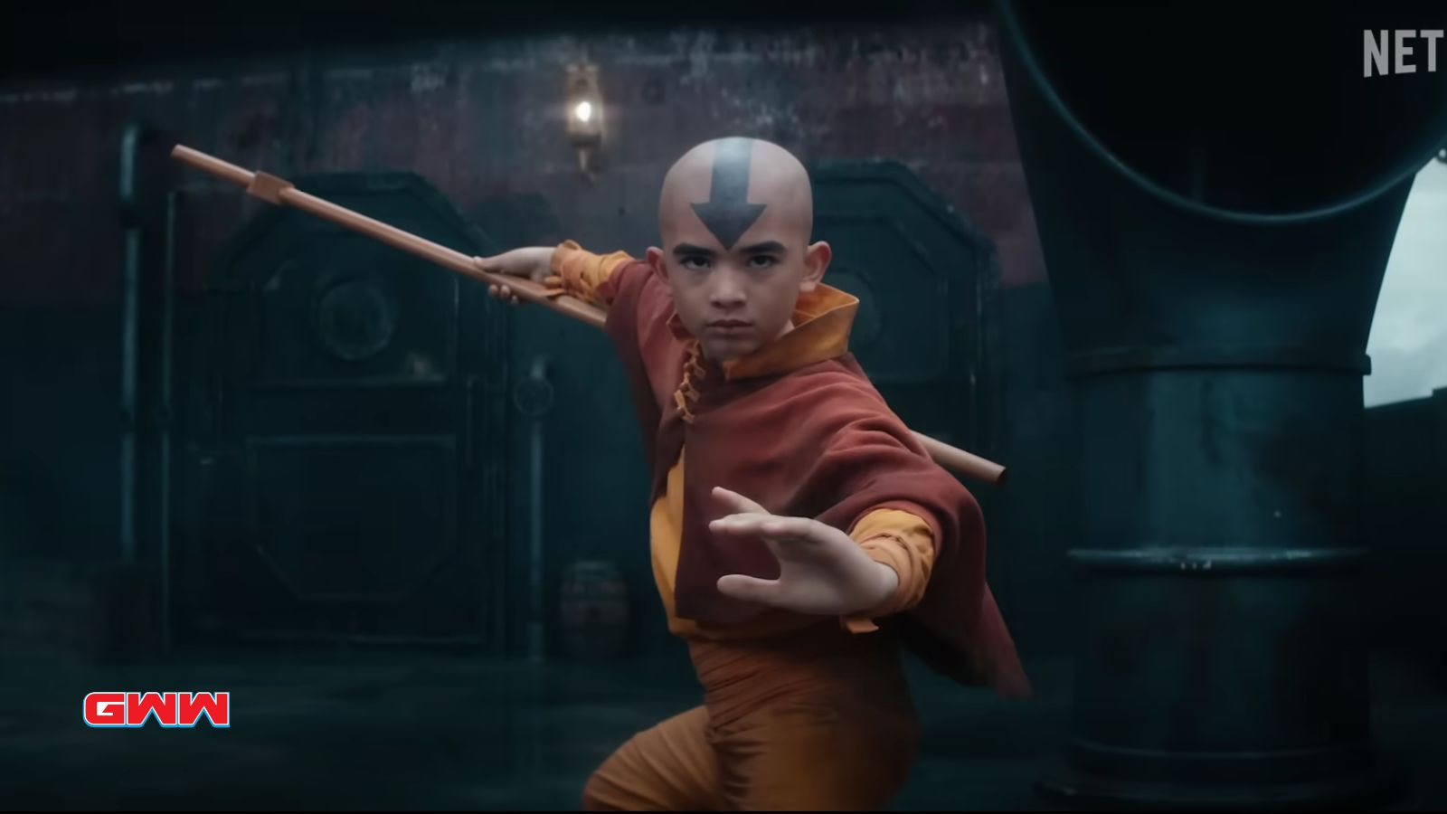 Aang's in his fighting stance against fire benders