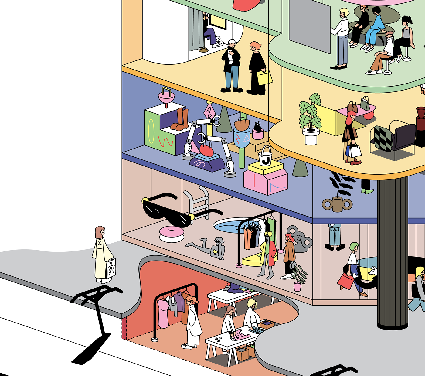 Character design  department store interior design  Retail shop Shopping store Switzerland Zurich isometric illustration