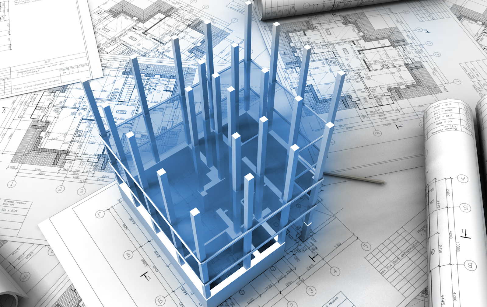 Construction of a building using blueprints 
