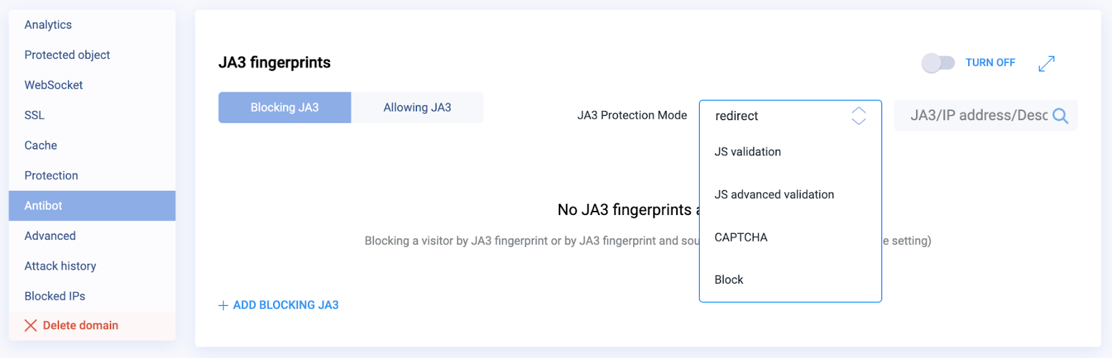 Choosing a JA3 validation level in the Antibot section of StormWall Website Protection