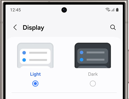 Display settings showing Light and Dark mode options