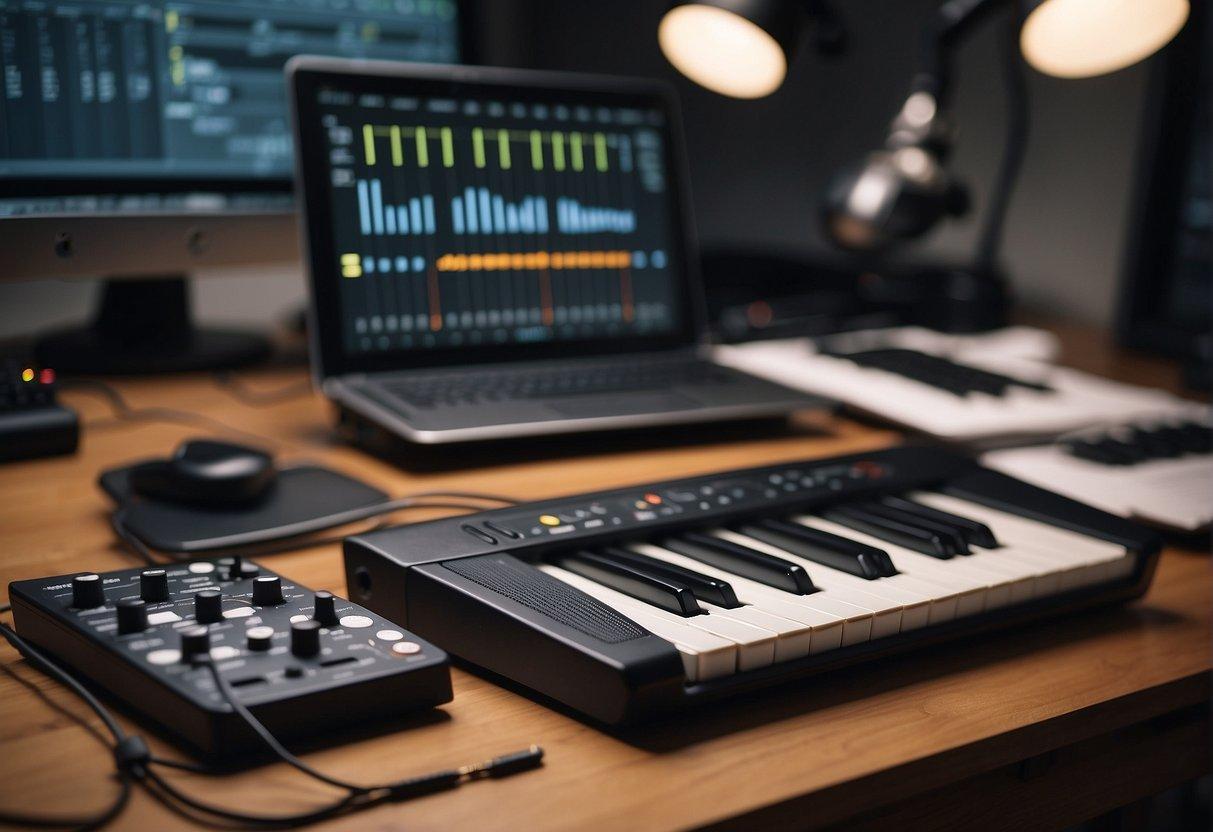 A MIDI keyboard sits on a desk next to a computer screen displaying music theory fundamentals. A pencil and notebook lay nearby