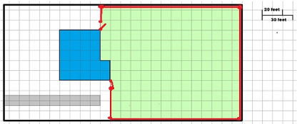 Scale drawing showing the House and lot, indicating the following scale: 
1 square = 10 feet
2 squares = 20 feet
3 squares = 30 feet
