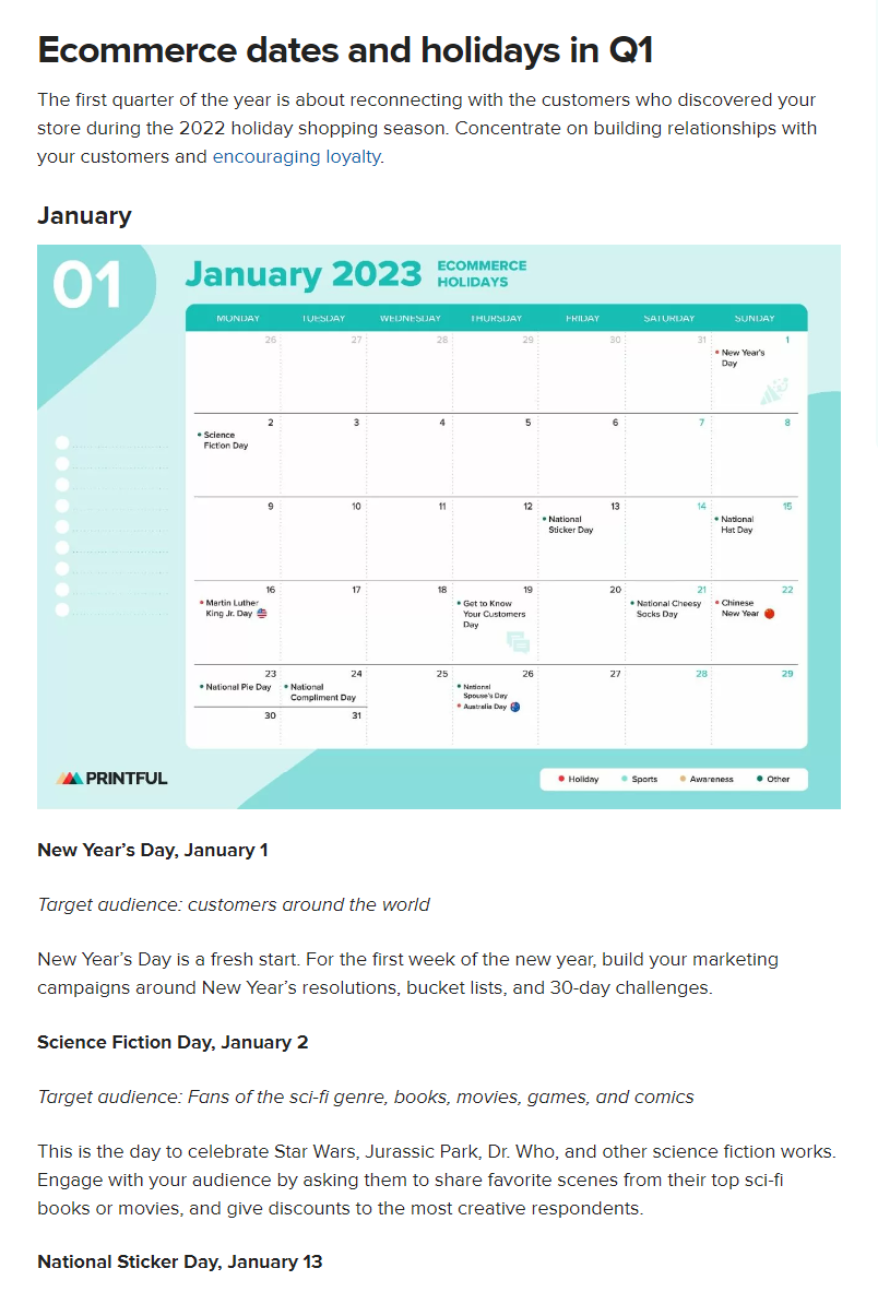 Ecommerce holiday calendar example.