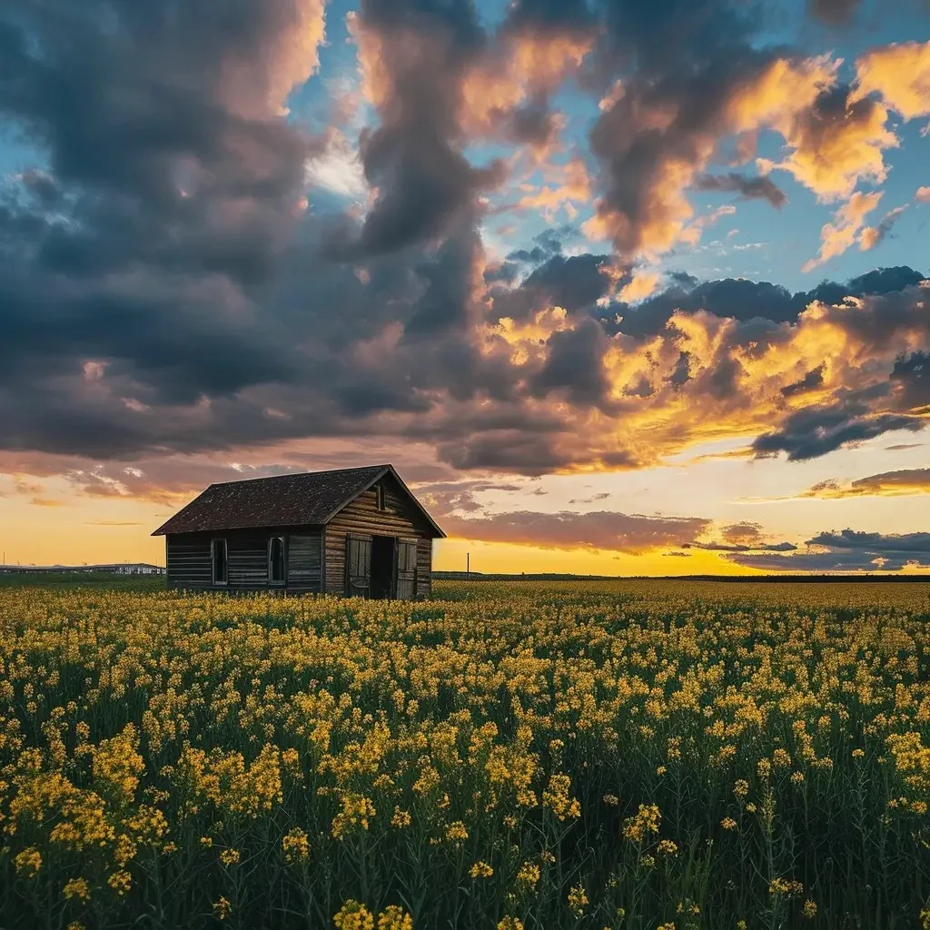 A small, rustic cabin with a dark roof in the midst of a blooming canola field during golden hour. The sky is filled with fluffy clouds, reflecting the warm hues of a sunset or sunrise.