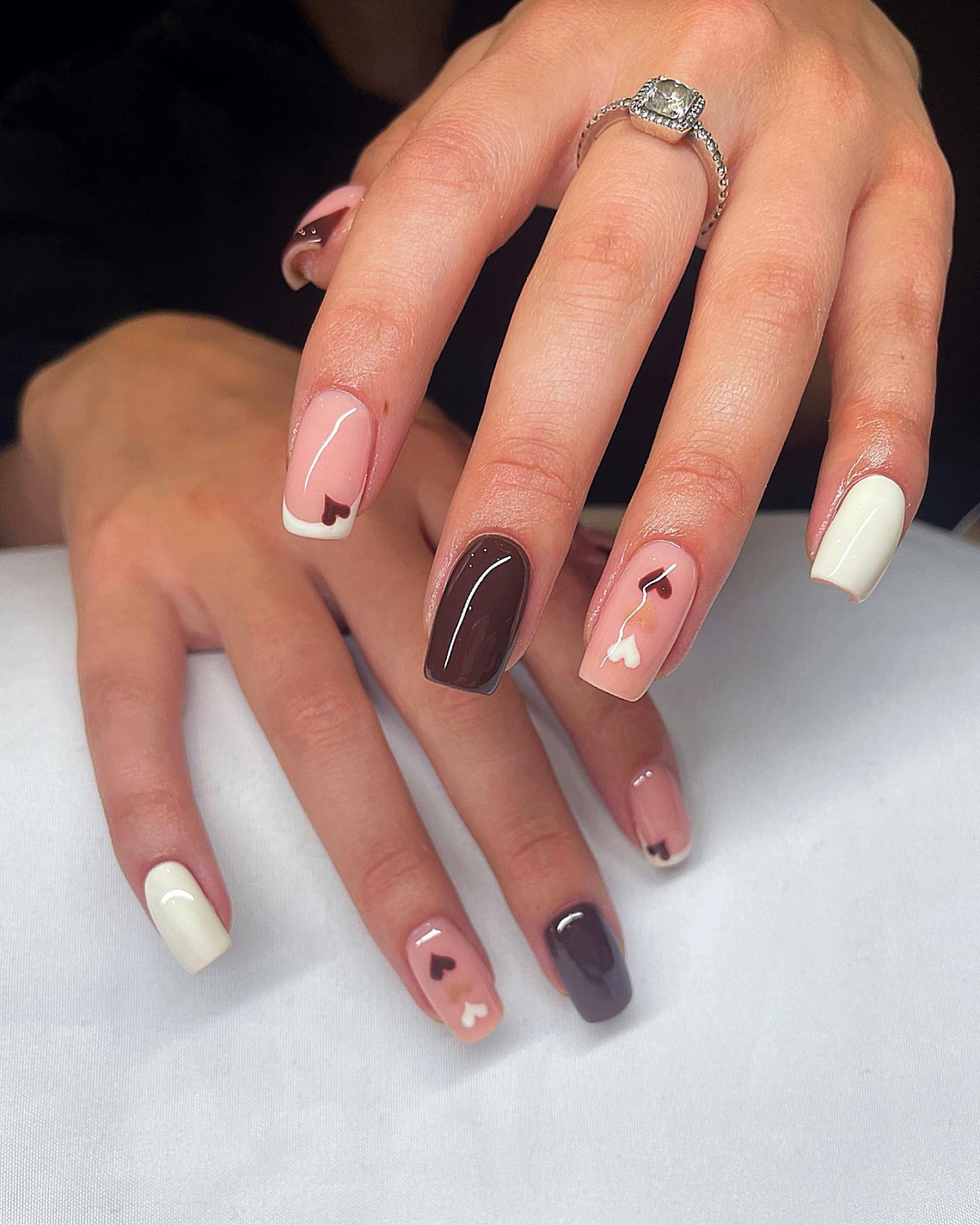 White, Nude, and Deep Brown Nails