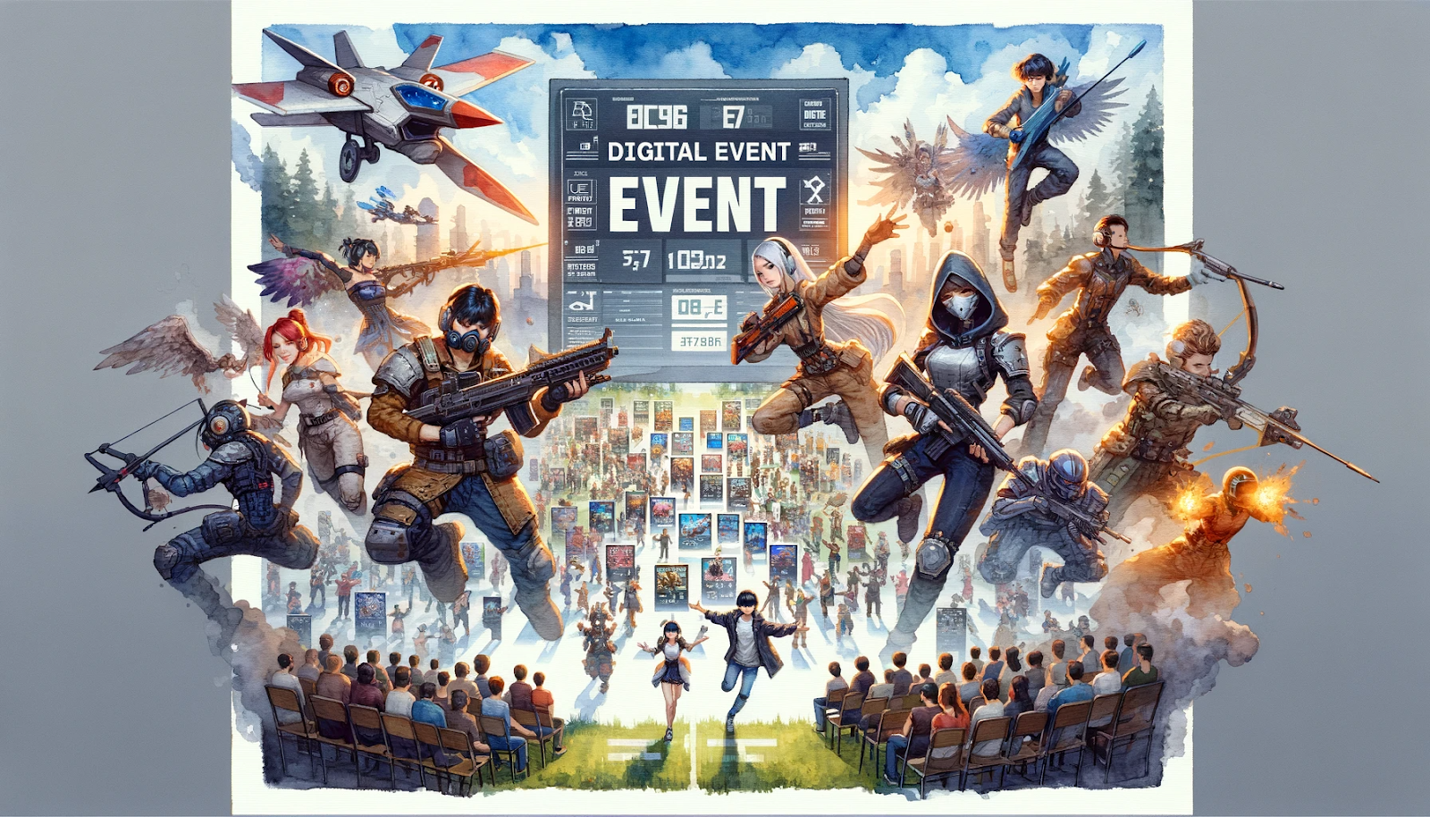 a digital event poster for an in-game event. It features game characters participating in various competitions and activities