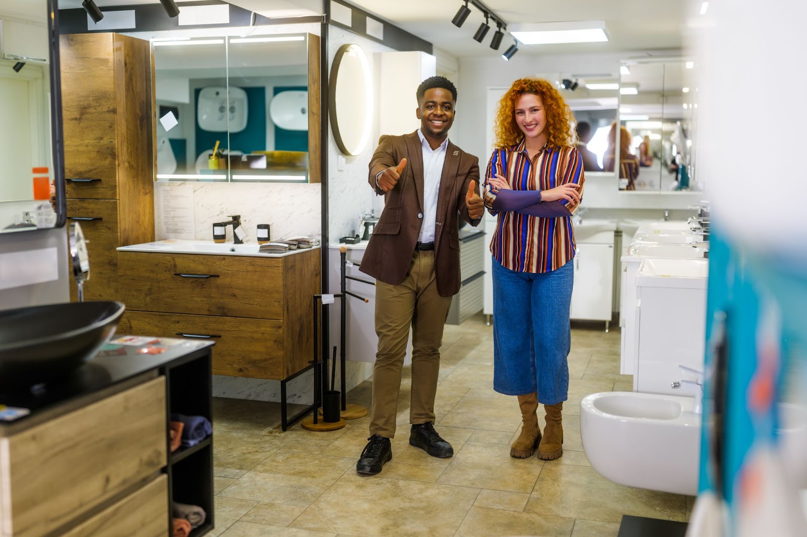 A male salesman presents various bathroom fixtures to his female customer in a well-appointed bathroom store, aiding her selection process.
