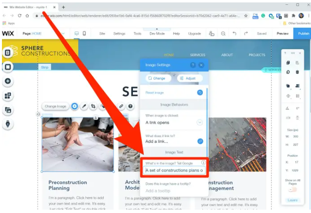 A screenshot of the Wix user interface with a red arrow pointing to the box where an SEO specialist would write alt text to describe an image. 