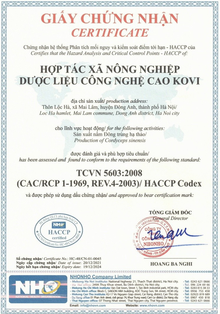 Giấy chứng nhận HACCP của KOVI