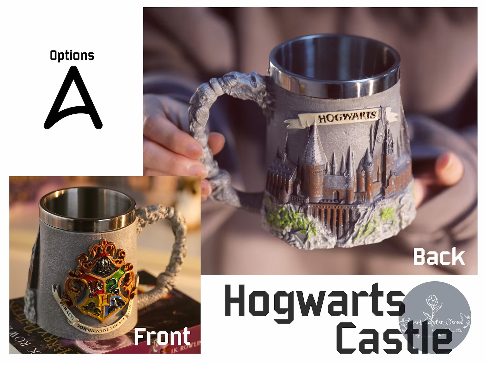 2 pictures showing the front and back of the Hogwarts castle and crest