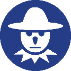 A blue circle with a black face and hat  Description automatically generated