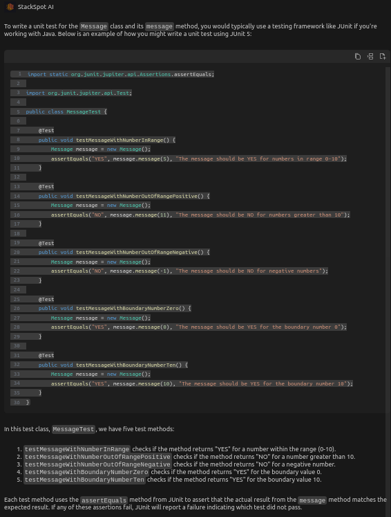 Information generated by StackSpot AI, displaying a test class with all the test methods generated by the AI, below the class is a brief explanation of the generated code.
