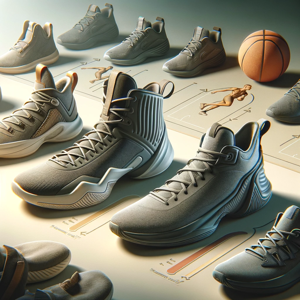 A pair of basketball shoes on the left and a pair of running shoes on the right. The basketball shoes feature a high-top design and robust ankle support, while the running shoes have a streamlined design and flexible sole.