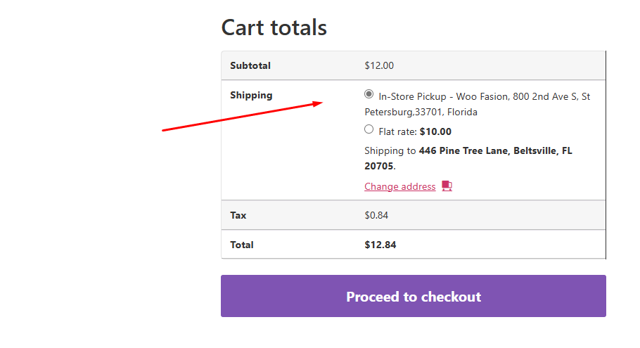 formal local pickup on cart page